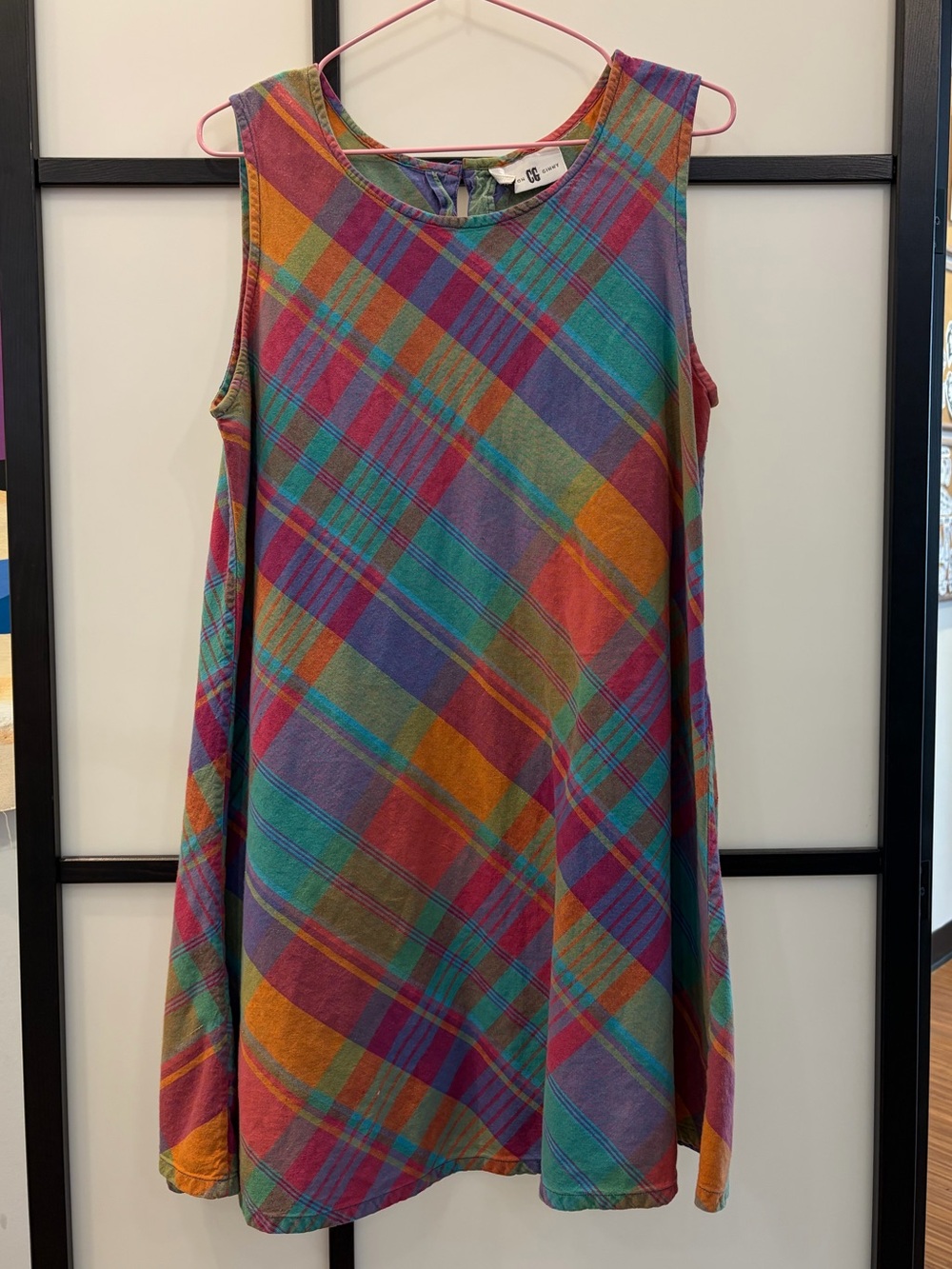 Cotton Ginny Sleeveless Multicolor Plaid A-Line Dress - Pink, Teal & Orange